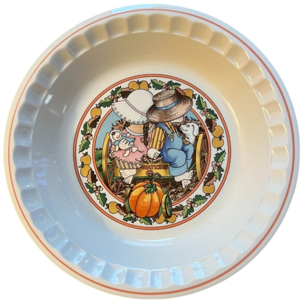 Vtg 1989 WATKINS Country Kids Pumpkin Pie Plate w/ Recipe 10.5" diameter x 2" h